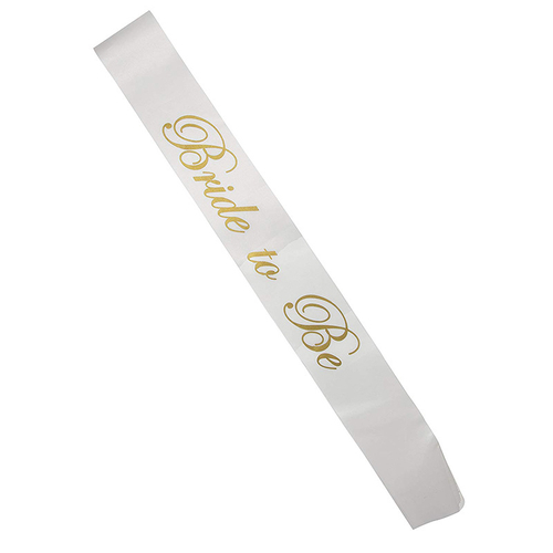 Large View Bride to Be Sash - White with Gold Writing