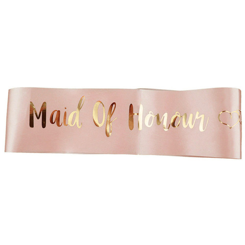 Large View Maid Of Honour Sash - Pink with Gold Writing