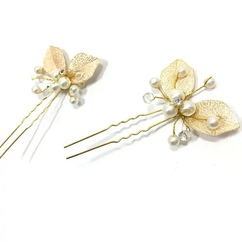 Large View Gold Hair Pin - Pearl & Rhinestone