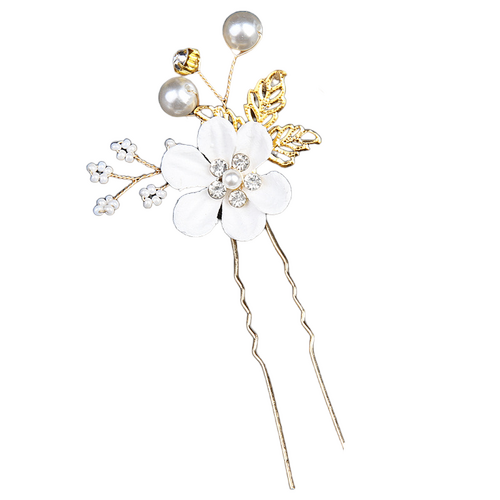 Large View Hair Pin - Gold with Flowers, Pearls and Rhinestone