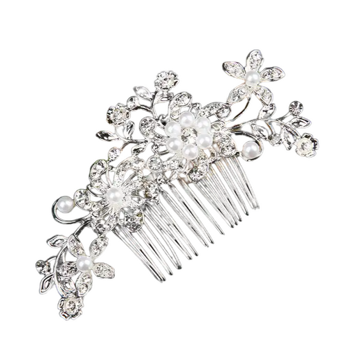 Large View Hair Slide - Pearl & Rhinestone Flower