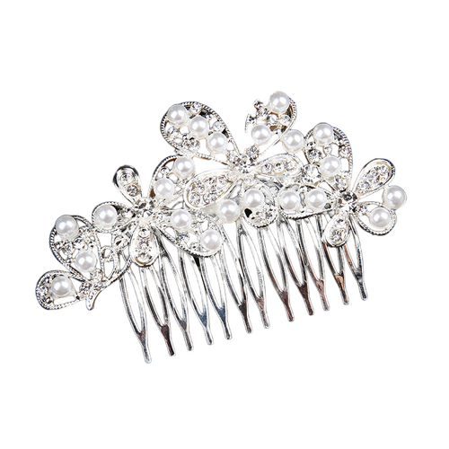 Large View Hair Slide - Silver Pearl & Rhinestone Comb