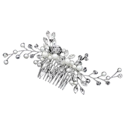 Large View Hair Slide - Silver Pearl & Rhinestone Vine