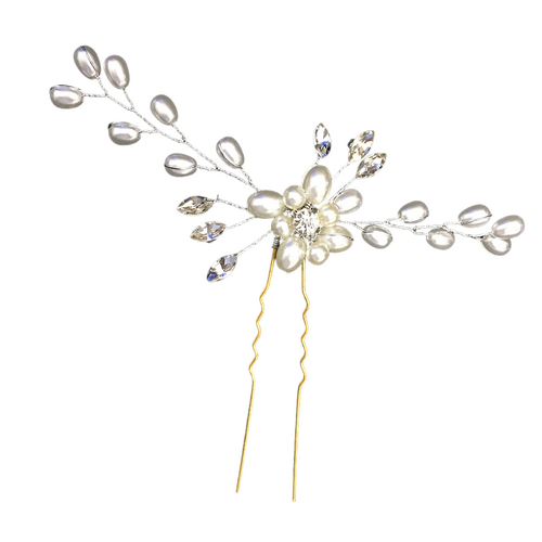 Large View Hair Pin - Gold Pearl & Rhinestone Vine