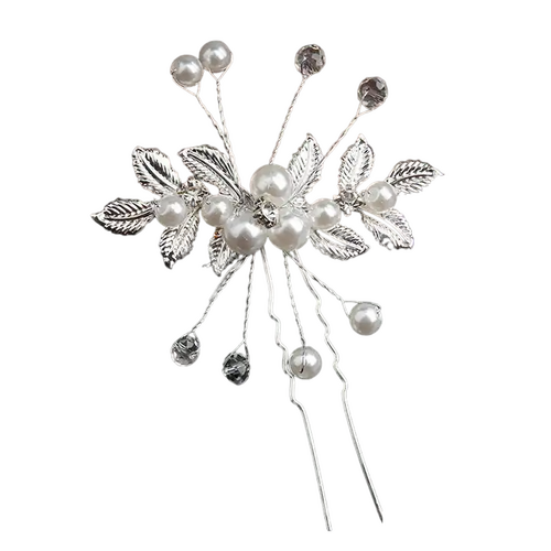 Large View Hair Pin - Silver Pearl & Rhinestone Leaf