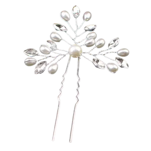 Large View Hair Pin - Silver Pearl & Rhinestone 