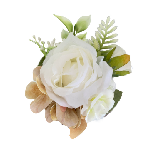 Large View Corsage -  Roses & Hydrangea - White 