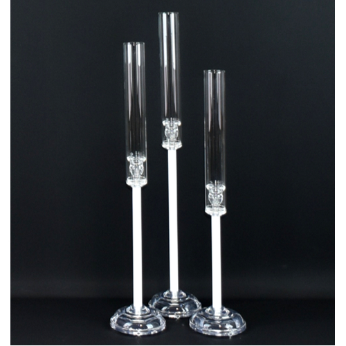 Large View 3 pcs Set of Candelabra - Clear with White Stem Glass Windlight