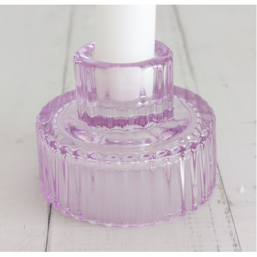 Large View Pinky Lavender - Ribbed Glass Taper/Dinner Candle Holder - Style 1