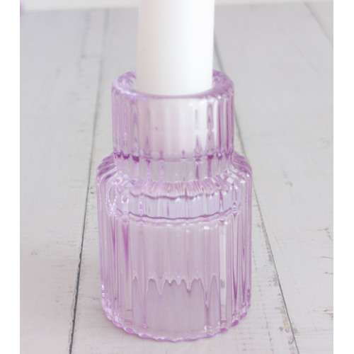 Large View Pinky Lavender  - Ribbed Glass Taper/Dinner Candle Holder - Style 2