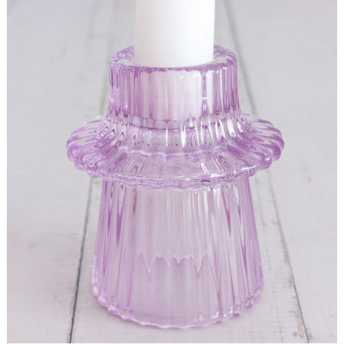 Large View Pinky Lavender  - Ribbed Glass Taper/Dinner Candle Holder - Style 3