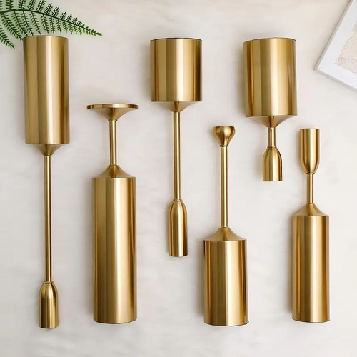 Large View 6 Pc Set - Gold Metal Taper/Dinner Candle Holder