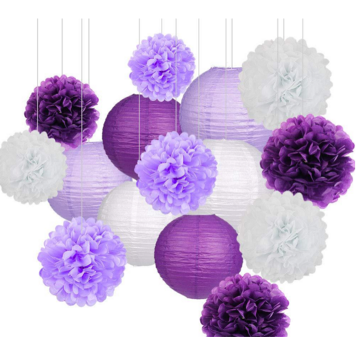 Large View 15pcs Purple/White Paper Party Lantern Decoration Set 