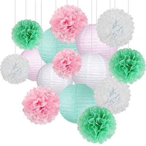 Large View 15pcs Mint/Pink Paper Party Lantern/PomPom Decoration Set