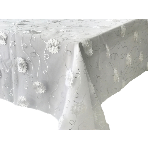 Large View White Flower Silver Sequin Embroidery Table Square Overlay 228cm