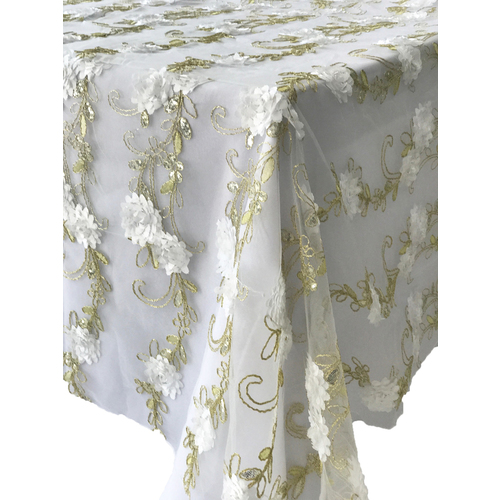 Large View White Flower Gold Embroidery Table Square Overlay 228cm