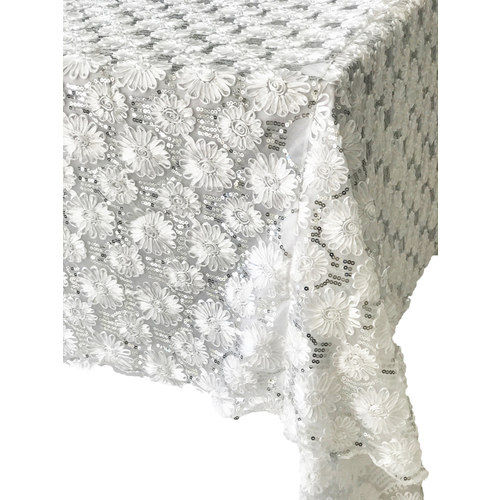 Large View White Flower Silver Sequin Table Square Overlay 228cm