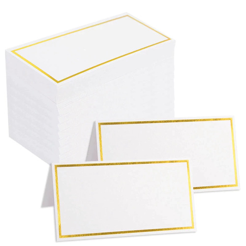Large View 100pk White with Gold Rim Place Cards