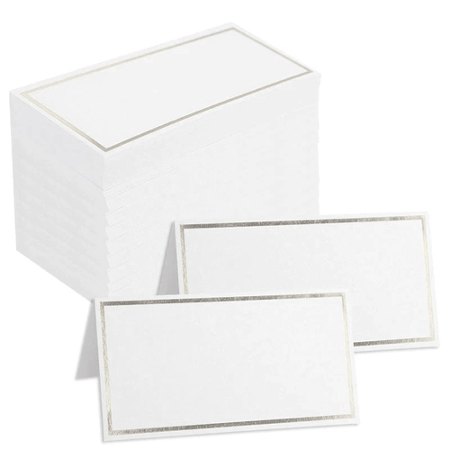 Large View 100pk White with Silver Rim Place Cards