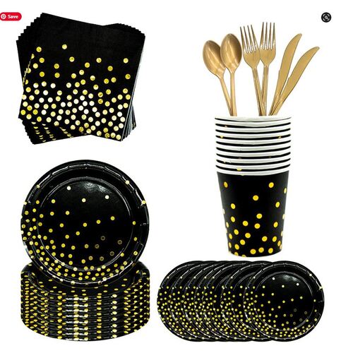 Large View 24 Person 192pc Black/Gold - Paper Party Plate Set