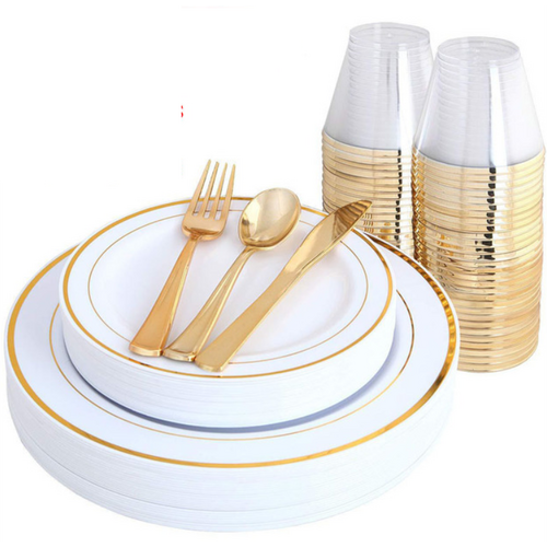 Large View 25 Person 150pc Plastic Dinner Plate Set - White/Gold Rimmed