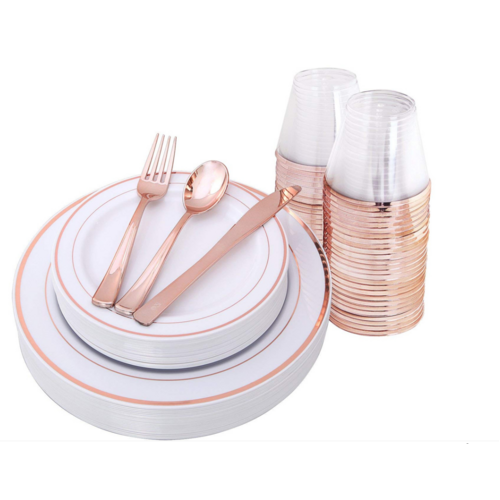 Large View 25 Person 150pc Plastic Dinner Plate Set - White/Rose Gold 