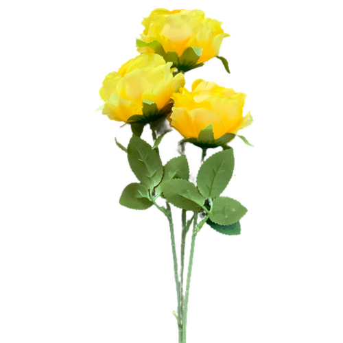 Large View 65cm - 3 Head Rose Flower Stem - Yellow