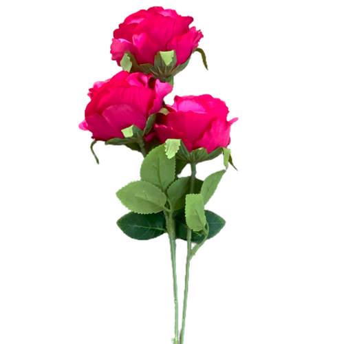 Large View 65cm - 3 Head Rose Flower Stem - Fushia