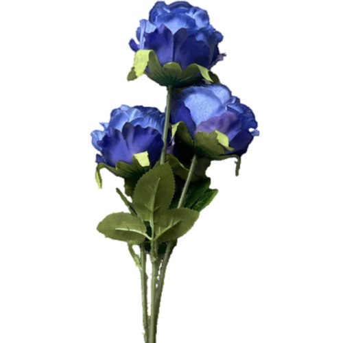 Large View 65cm - 3 Head Rose Flower Stem - Blue