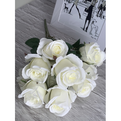 Large View 50cm - Deluxe 10 Head Rose Bud Bush - White/Cream