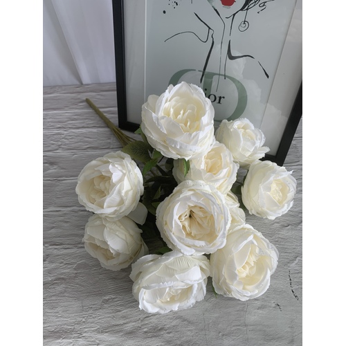 Large View 50cm - Deluxe 10 Head French Rose Bud Bush - White/Cream (Peony)