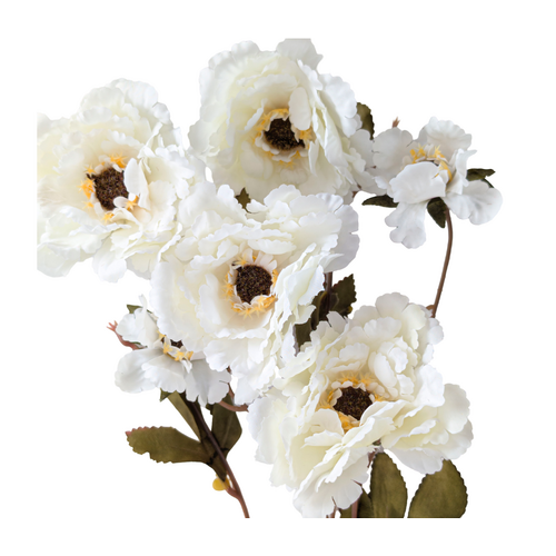 Large View 6 Head Peony 80cm Floral Stem - White/Cream