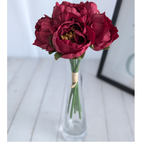 Large View 6 Head Small Artificial Burgundy Peony Bouquet | 6 x 5.5cm Flowers