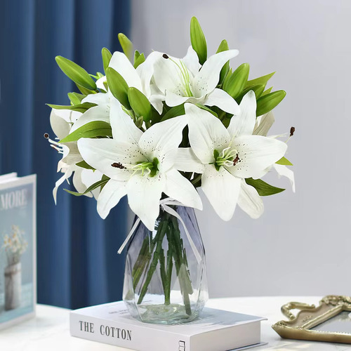 Large View White Lily Single Stem - Real Touch Flower & Buds 35cm 