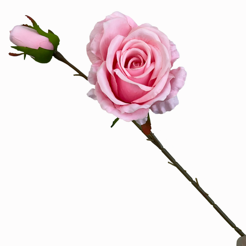 Large View 66cm Pink Artificial Rose Stem with Large Bloom and Bud