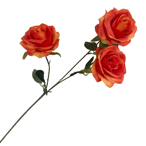 Large View 65cm - 3 Head Open Rose Flower Stem - Orange