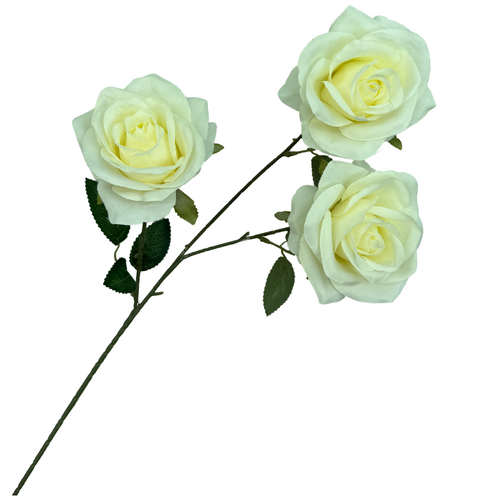 Large View 65cm - 3 Head Open Rose Flower Stem - White/Cream 