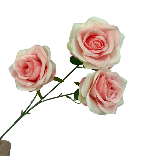 Large View 65cm - 3 Head Open Rose Flower Stem - Pink