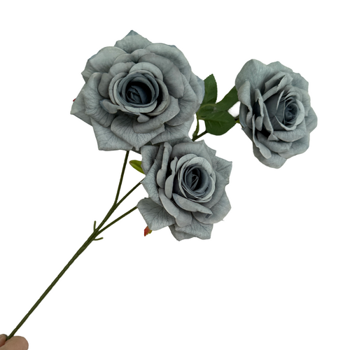 Large View 65cm - 3 Head Open Rose Flower Stem - Dusty Blue