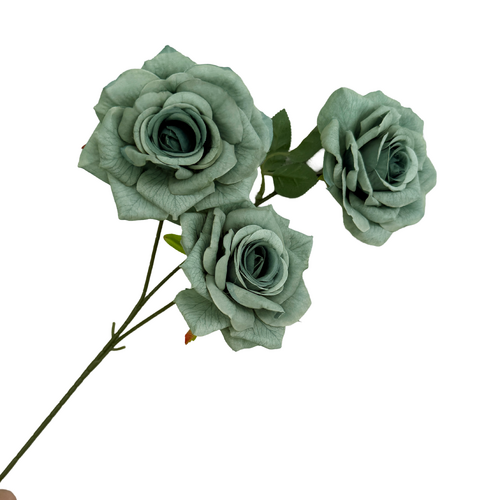 Large View 65cm - 3 Head Open Rose Flower Stem - Sage Green