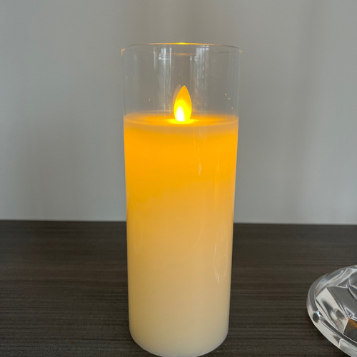 Large View 7.5x20cm LED Pillar Candle in Glass Vase - Flickering Flame
