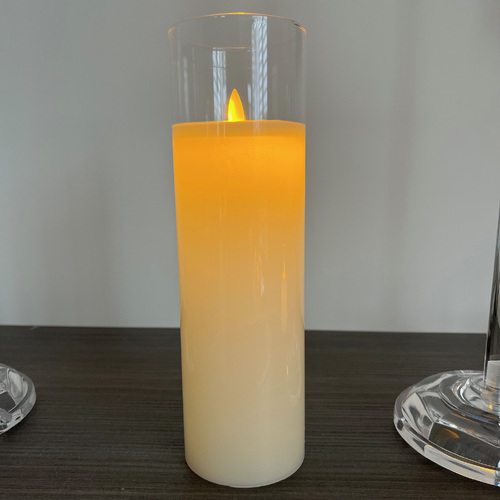 Large View 7.5x25cm LED Pillar Candle in Glass Vase - Flickering Flame