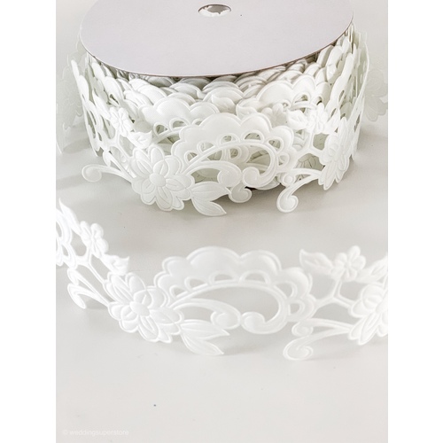 Large View 3.5cm Ivory Lace Design Polyester Embossed Ribbon  18m