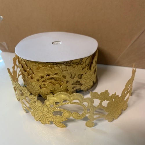 Large View 3.5cm Gold Lace Design Polyester Embossed Ribbon  18m