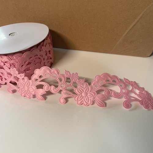 Large View 3.5cm Pink Lace Design Polyester Embossed Ribbon  18m