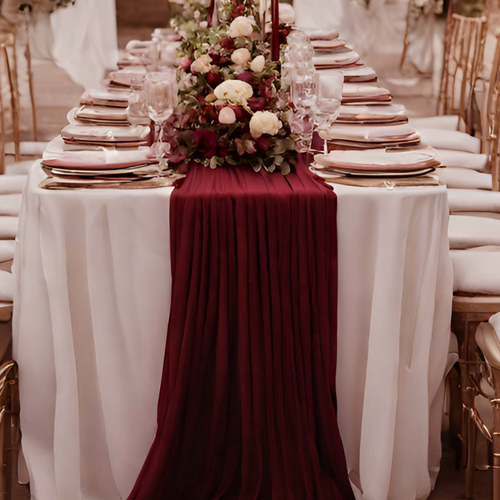 Large View Burgundy Chiffon Table Runner 80cm x 300cm