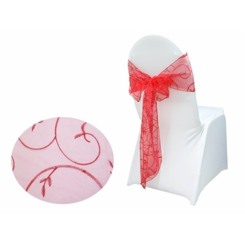 Large View Embroidered Organza Chair Sash  - Red  