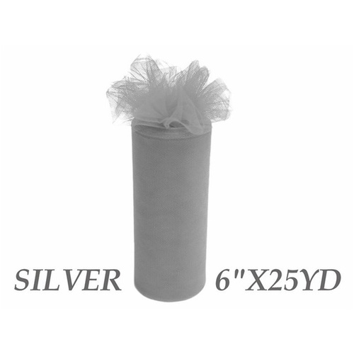 Large View 6inch x 25yd Tulle Roll - Silver