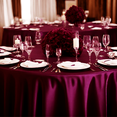 Large View 120inch (305cm) Round Satin Tablecloth - Burgundy