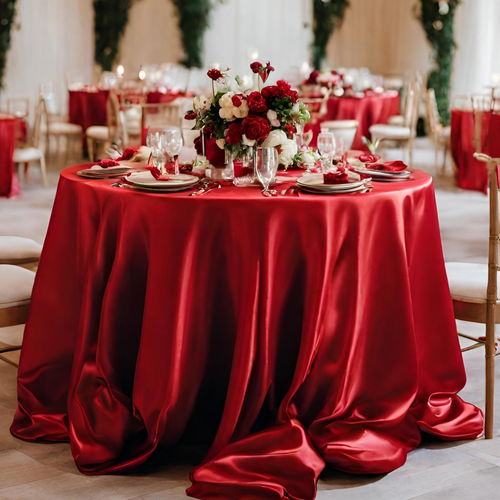 Large View 120inch (305cm) Round Satin Tablecloth - Red